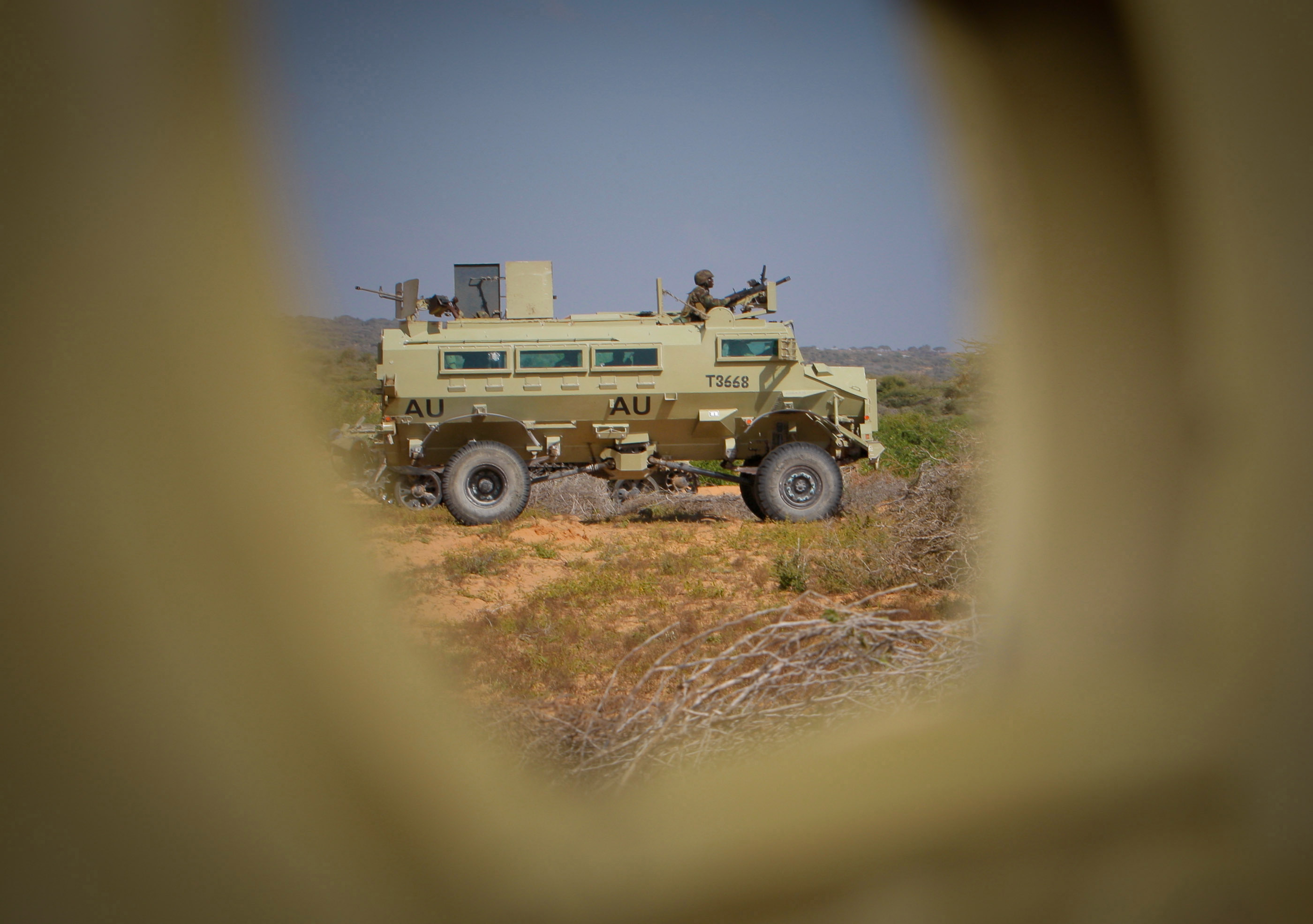 AMISOM armoured vehicle viewed through a rifle port during a Mogadishu firefight in January 2012